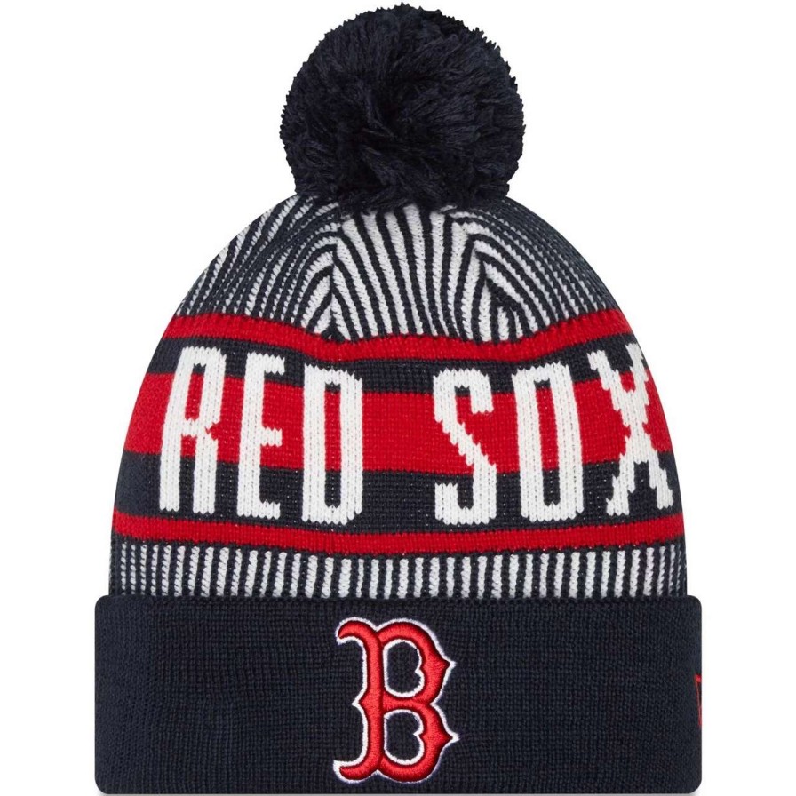 Team * | Men'S Boston Red Sox New Era Navy Striped Cuffed Knit Hat With Pom