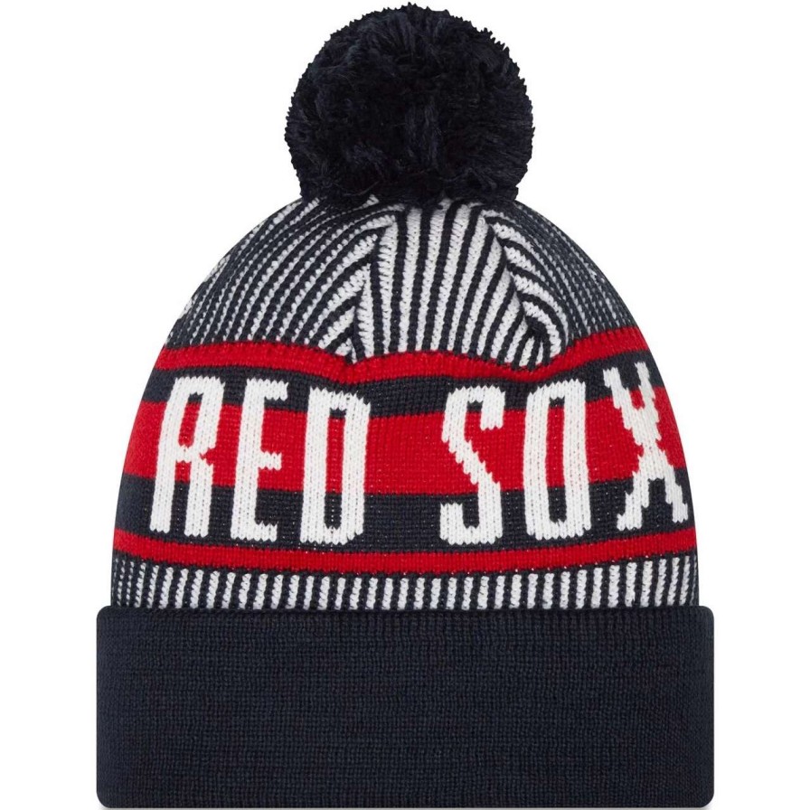 Team * | Men'S Boston Red Sox New Era Navy Striped Cuffed Knit Hat With Pom