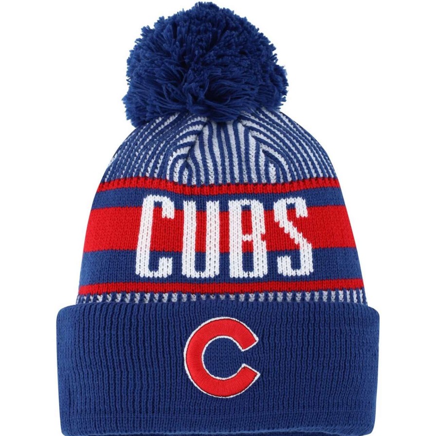 Team * | Youth Chicago Cubs New Era Royal Striped Cuffed Knit Hat With Pom