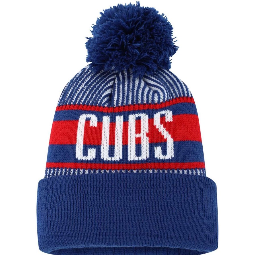 Team * | Youth Chicago Cubs New Era Royal Striped Cuffed Knit Hat With Pom