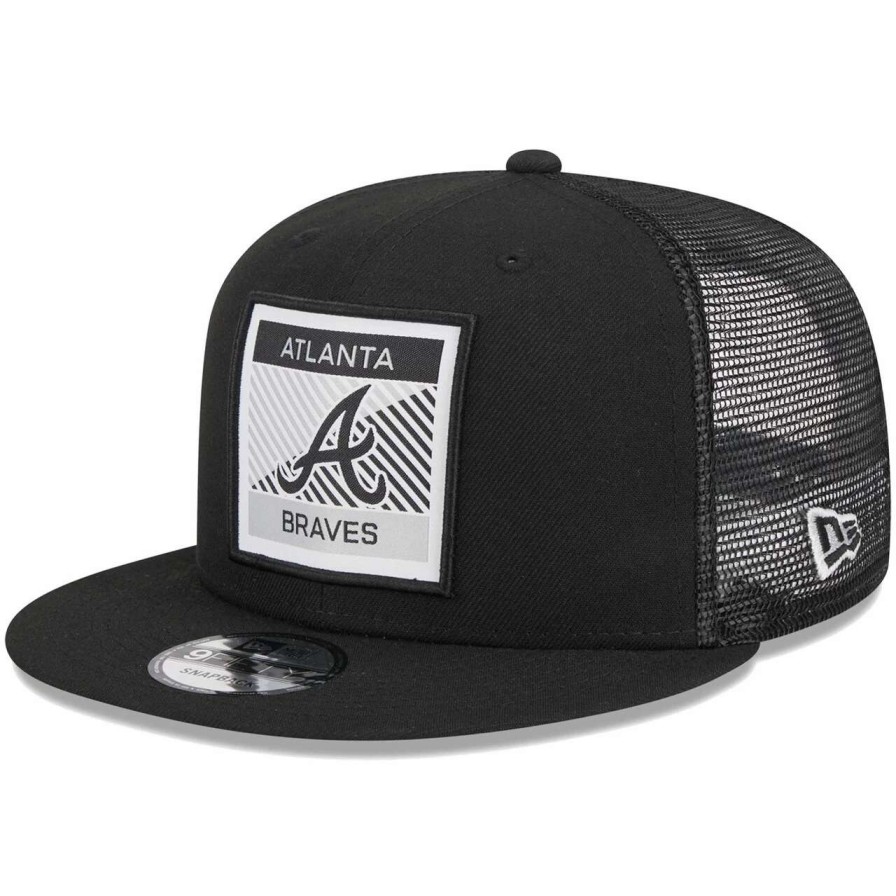 Team * | Men'S Atlanta Braves New Era Black Scratch Squared Trucker 9Fifty Snapback Hat