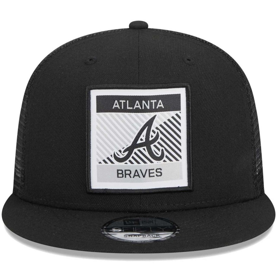 Team * | Men'S Atlanta Braves New Era Black Scratch Squared Trucker 9Fifty Snapback Hat