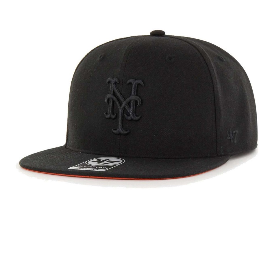 Team * | Men'S New York Mets '47 Black On Black Sure Shot Captain Snapback Hat