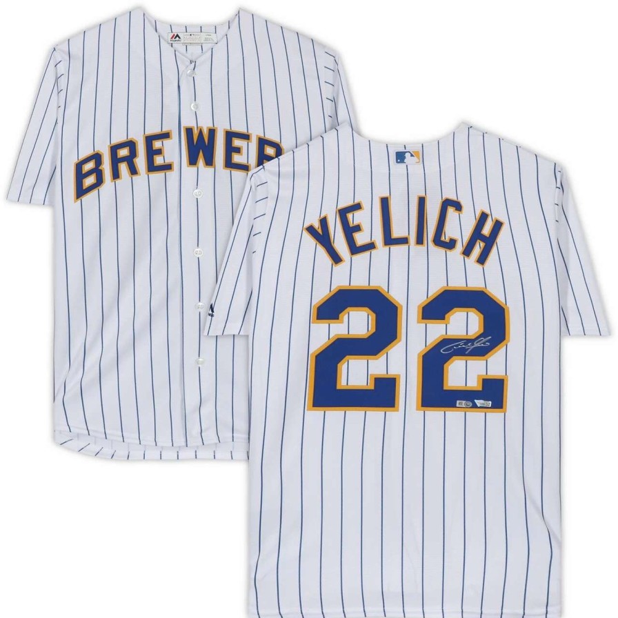 Collectibles & Memorabilia * | Autographed Milwaukee Brewers Christian Yelich Fanatics Authentic White Pinstripe Majestic Replica Jersey