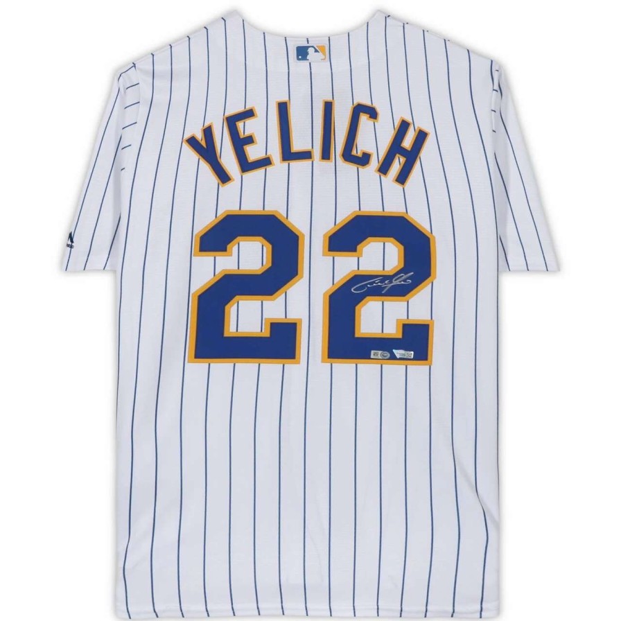 Collectibles & Memorabilia * | Autographed Milwaukee Brewers Christian Yelich Fanatics Authentic White Pinstripe Majestic Replica Jersey