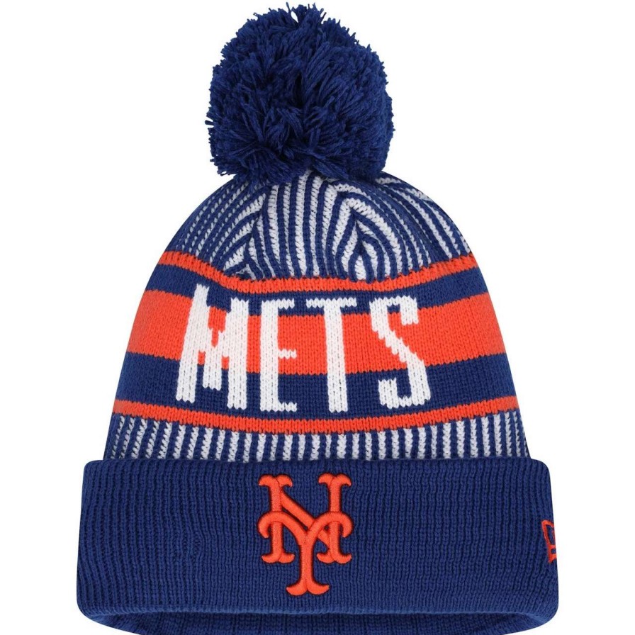 Team * | Youth New York Mets New Era Royal Striped Cuffed Knit Hat With Pom