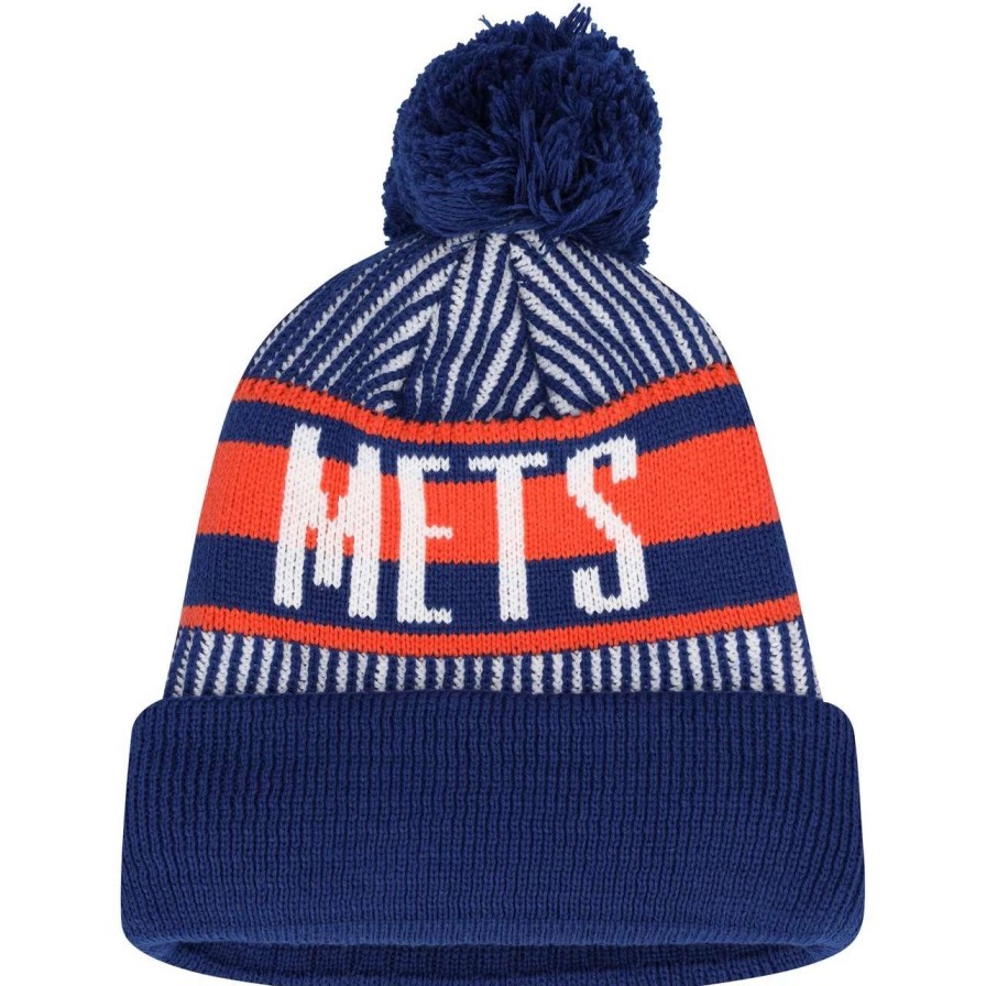 Team * | Youth New York Mets New Era Royal Striped Cuffed Knit Hat With Pom