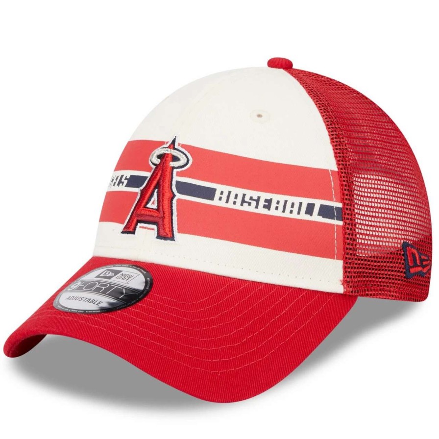 Team * | Men'S Los Angeles Angels New Era White/Red Team Stripe Trucker 9Forty Snapback Hat