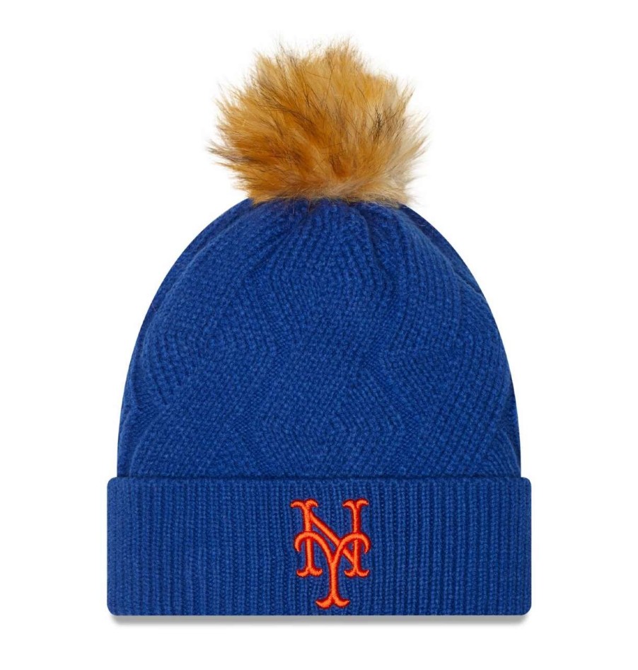 Team * | Women'S New York Mets New Era Royal Snowy Cuffed Knit Hat With Pom