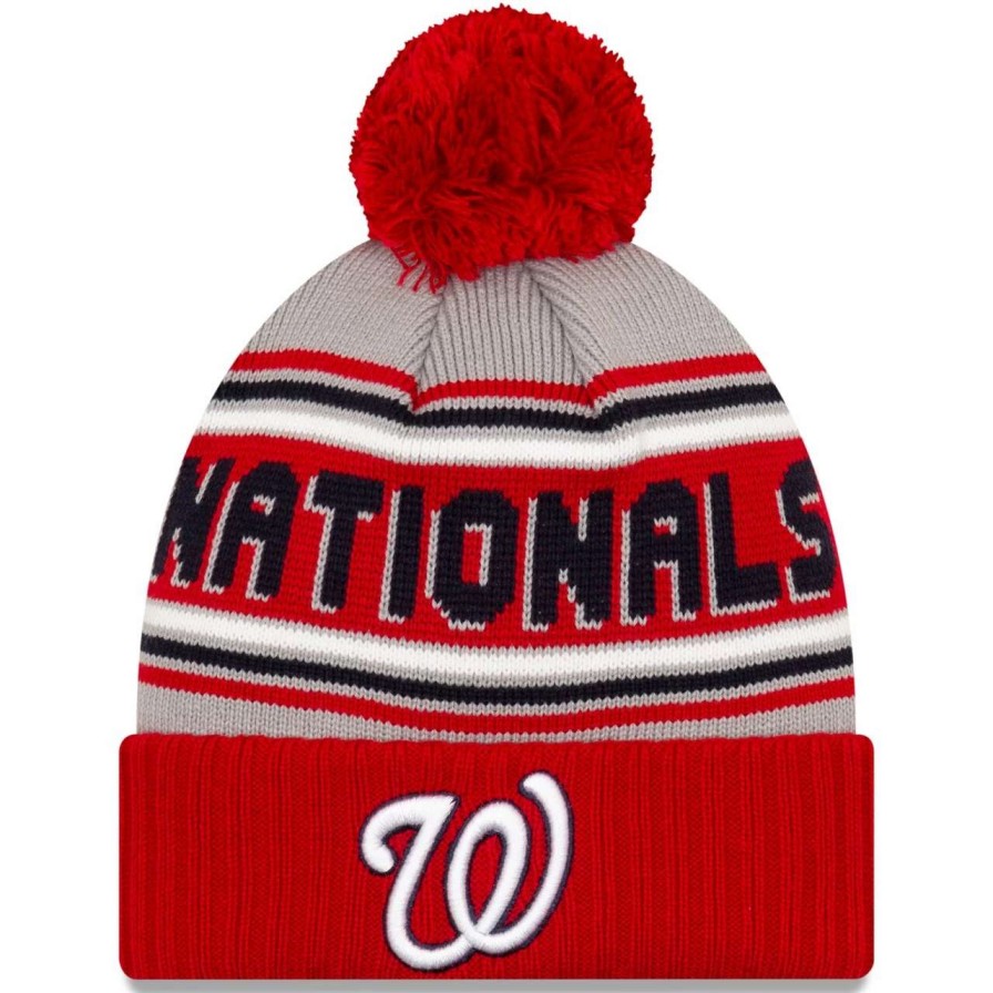 Team * | Men'S Washington Nationals New Era Red Cheer Cuffed Knit Hat With Pom