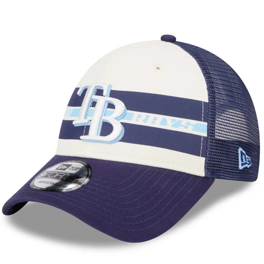 Team * | Men'S Tampa Bay Rays New Era White/Navy Team Stripe Trucker 9Forty Snapback Hat