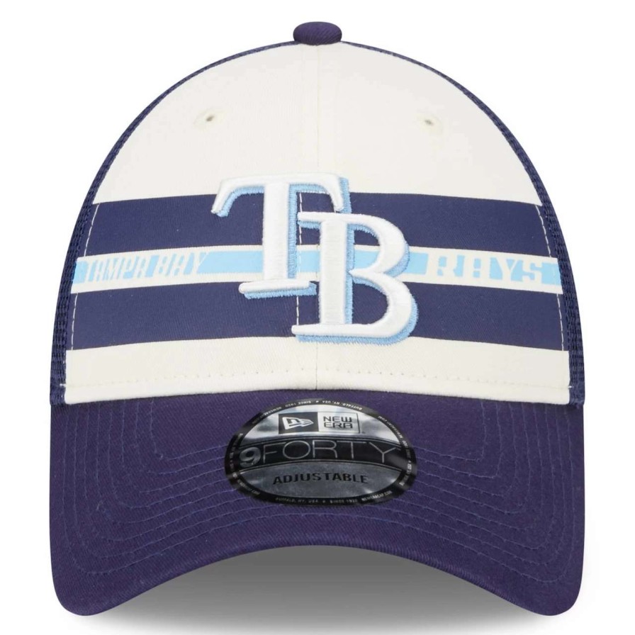 Team * | Men'S Tampa Bay Rays New Era White/Navy Team Stripe Trucker 9Forty Snapback Hat