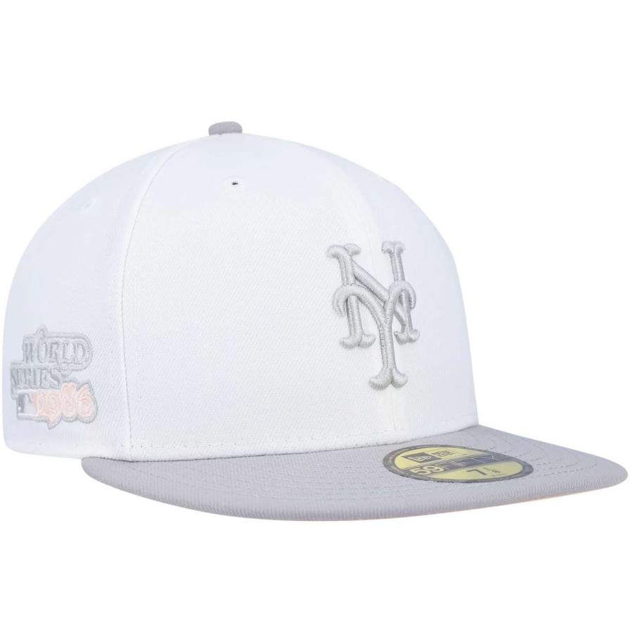 Team * | Men'S New York Mets New Era White/Gray 1986 World Series Side Patch Peach Undervisor 59Fifty Fitted Hat