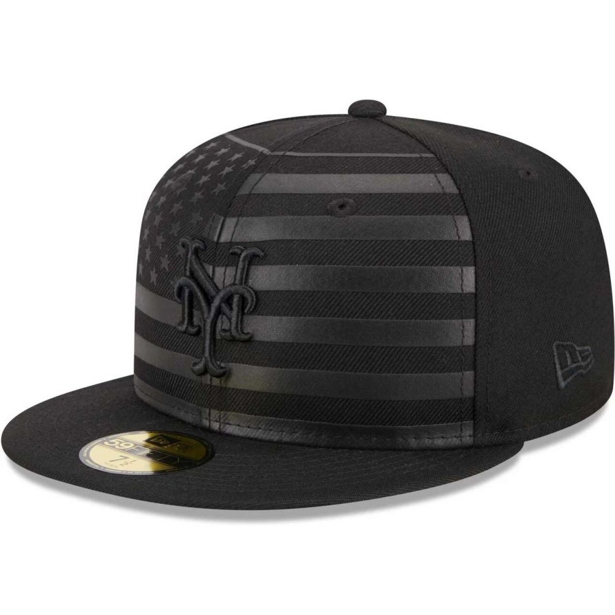 Team * | Men'S New York Mets New Era Black Tonal Flag 59Fifty Fitted Hat