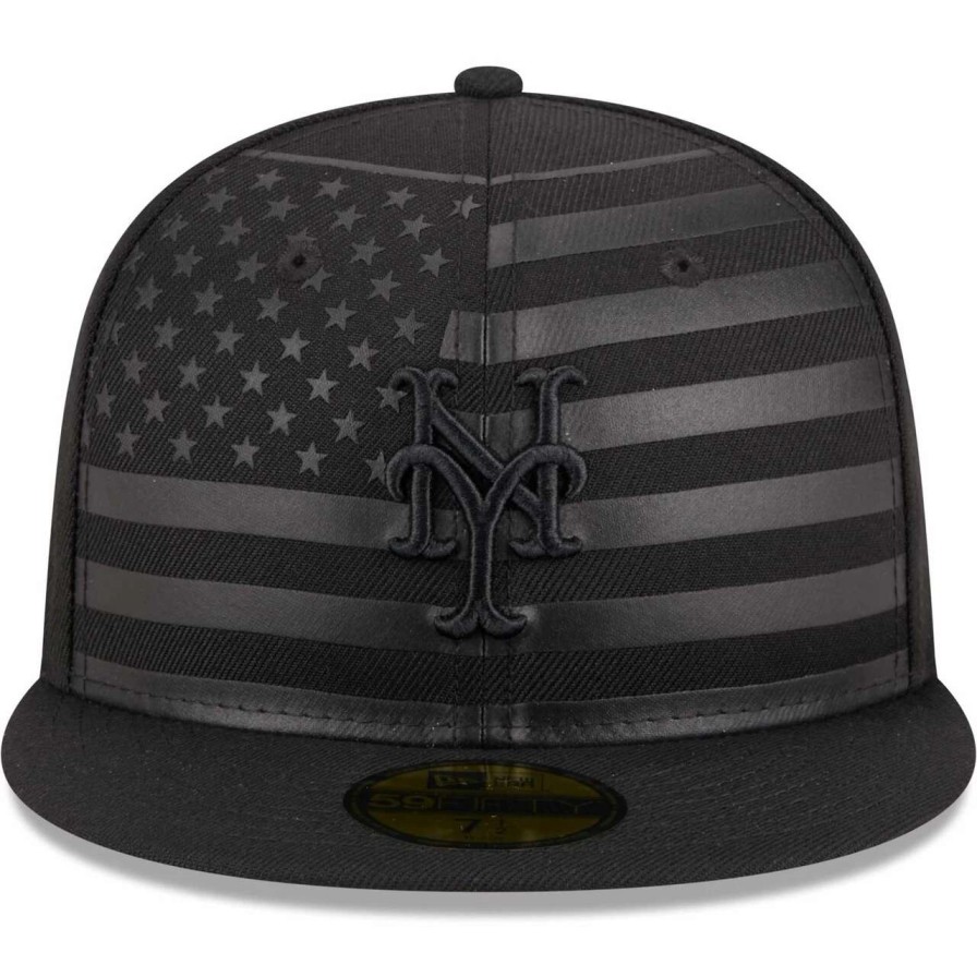 Team * | Men'S New York Mets New Era Black Tonal Flag 59Fifty Fitted Hat