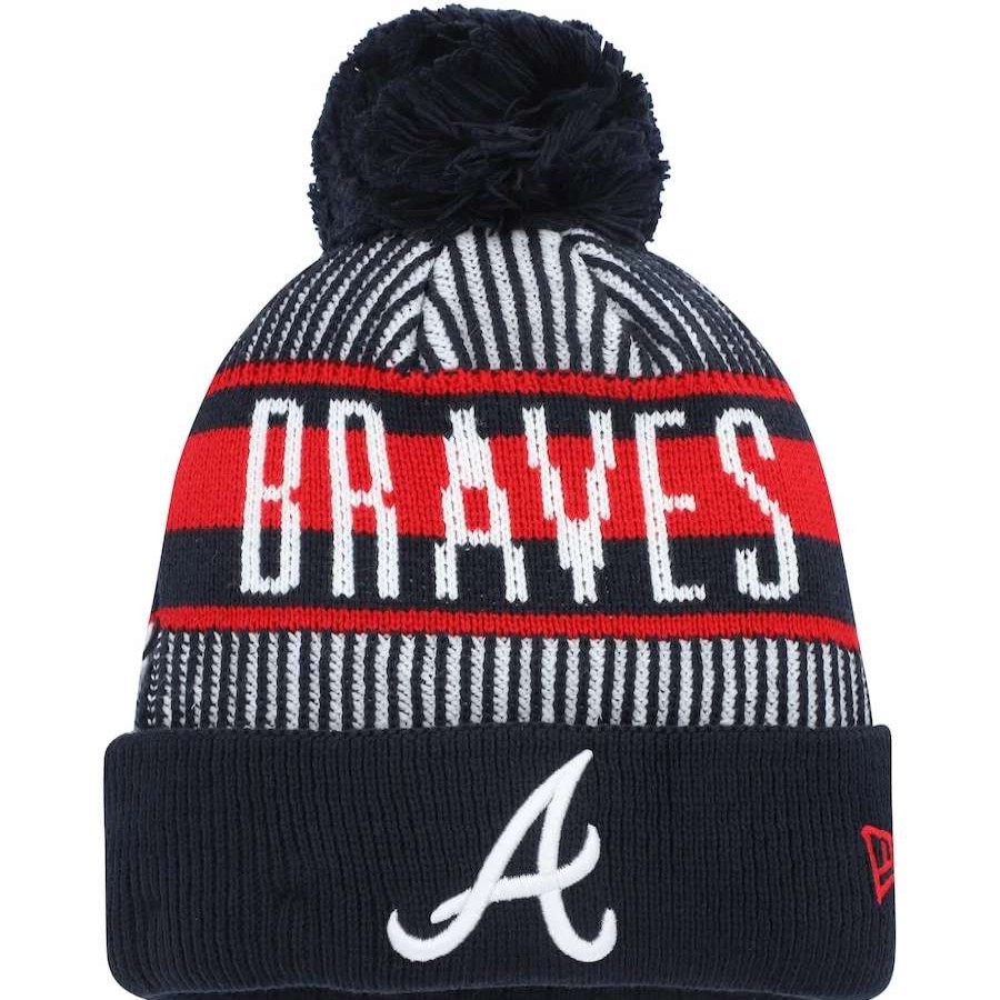 Team * | Youth Atlanta Braves New Era Navy Striped Cuffed Knit Hat With Pom